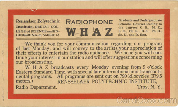 Radiophone WHAZ Postal Card