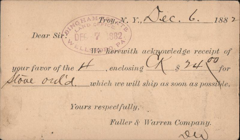 Fuller & Warren Company Remittance Receipt 1882