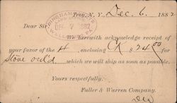 Fuller & Warren Company Remittance Receipt 1882