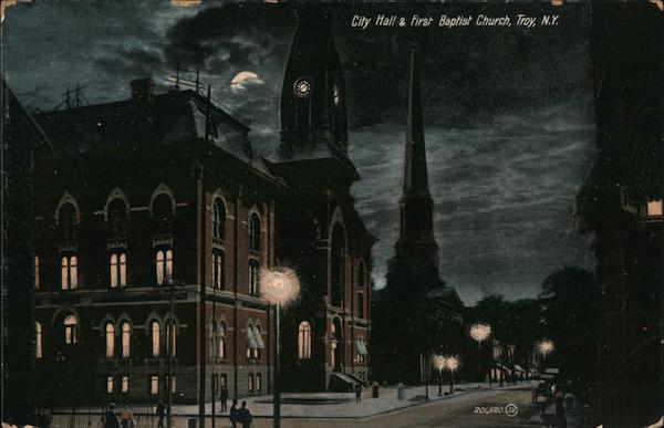 City Hall & First Baptist Church at Night